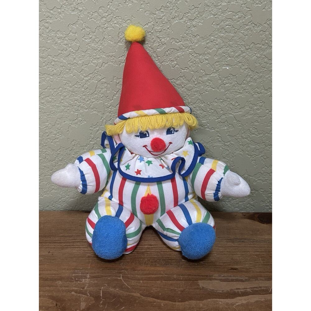 VINTAGE BANTAM CIRCUS CLOWN 11” RATTLE STUFFED ANIMAL PLUSH TOY STRIPED